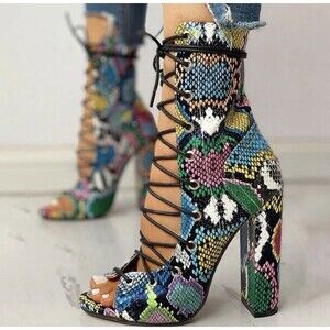 Women’s 7M / 37 Colorful Multi Print Block Heel Lace Up Open Toe Animal Snake